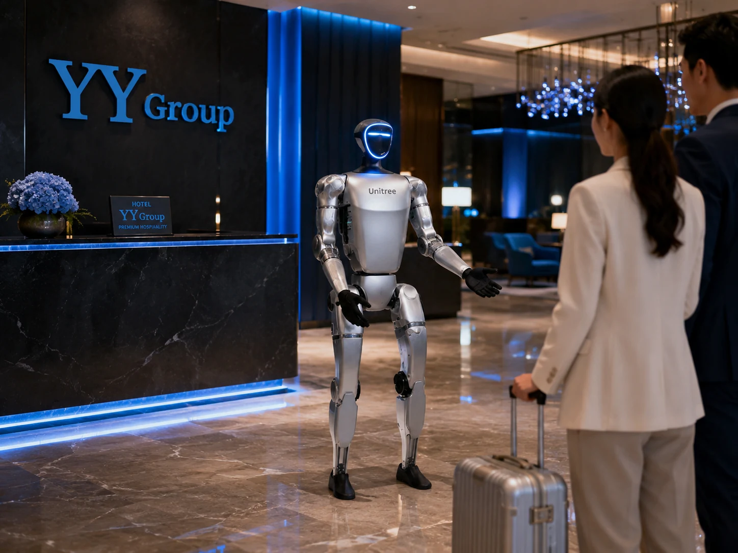 YY Group hotel lobby with service robot welcoming guests